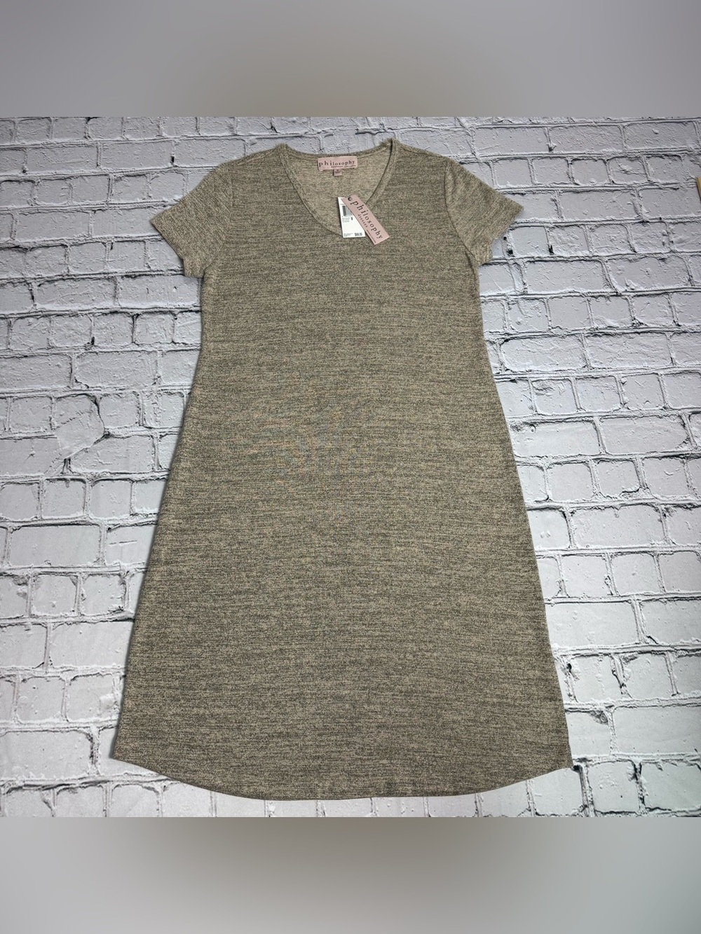 Philosophy NWT Marble Taupe Casual Short Sleeve V-Neck Midi T-Shirt Dress Size M